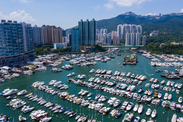 Fototapete - Drone fly over Hong Kong typhoon shelter in aberdeen