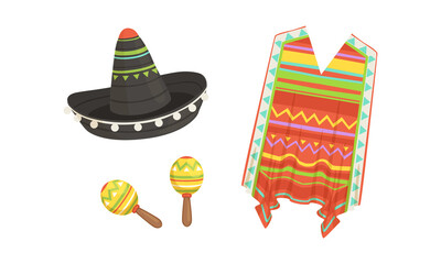 Poster - Poncho, Sombrero Hat and Maracas, Traditional Symbols of Mexico Set Cartoon Vector Illustration