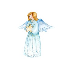 Watercolor Illustration.  Christmas Angel Flies With Wings And Holds The Stars On A White Background.  Design For Printing Postcards