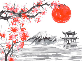 japan traditional sumi-e painting. fuji mountain, sakura, sunset. japan sun. indian ink vector illus