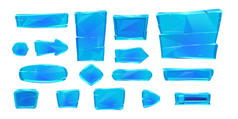Poster - Ice game buttons, cartoon menu interface of iced textured blocks, ui gui graphic design elements. Frozen blue slider, arrow, and keys for user panel isolated on white background, 2d vector icons set