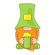 St. Patrick's Day Irish Gnomes With Mug Beer For Good Luck. Icon Leprechaun. Cartoon Gnomes Isolated On White Background. Vector Illustration