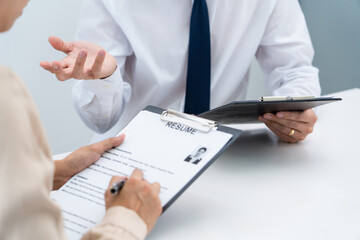 Wall Mural - Interview the job and hiring, businessman candidate at job interview explaining about his profile to business manager in modern office space. Business consulting or employment concept.