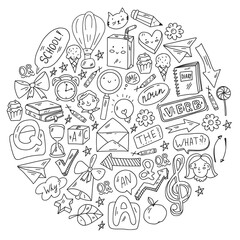 Naklejka na meble Back to school. Vector illustration with icons about education. English learning. Online internet courses.