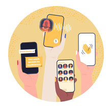 Clubhouse Chat Screen. Smartphone Voice Conversation In Audio-only Social Network. Hands Hold Gadget With Invite, Talk Room, Podcast, Record Waves. App Interface Template Isolated Vector Concept.