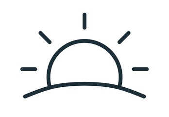 Poster - Simple sunset or sunrise icon in line art style. Sun with rays rising or going down over horizon line. Black and white flat vector illustration isolated on white background