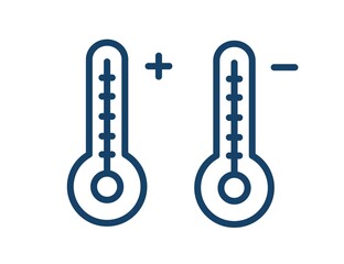 Poster - Two linear mercury thermometers with high and low temperatures. Simple icon of hot and cold weather in line art style. Flat vector illustration isolated on white background