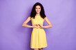 © deagreez - Photo of pretty positive lady fingers show heart symbol beaming smile isolated on violet color background