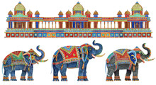 Seamless Border Pattern With Fantasy Ornate Indian Elephants, Antique Architecture Temple On White Background. Watercolor Painting On Colorful Thin Line Contour, Ethnic. T-shirt Print, Batik Paint