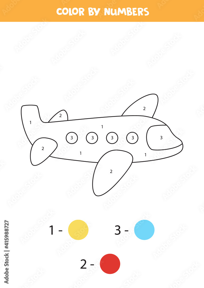 Coloring page with cartoon airplane. Color by numbers. Math game for ...