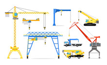 Truck Crane And Tower Mechanism Industrial Machinery Set. Tall Power Freight Lifting Vehicle And Cargo Loading Machine With Derrick And Hook Vector Illustration Isolated On White Background