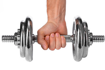 a silver colored metal dumbbell with a hand holding it on a white insulated background