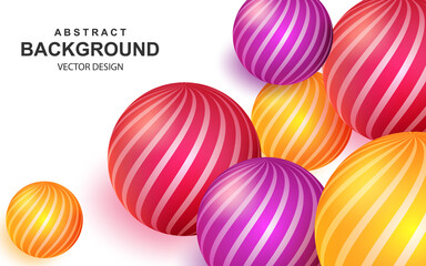 Aufkleber - Colorful abstract background with realistic 3d balls. Bright composition with striped color spheres. Modern cover design vector illustration. Art realism, dynamic wallpaper with 3d geometric shapes.