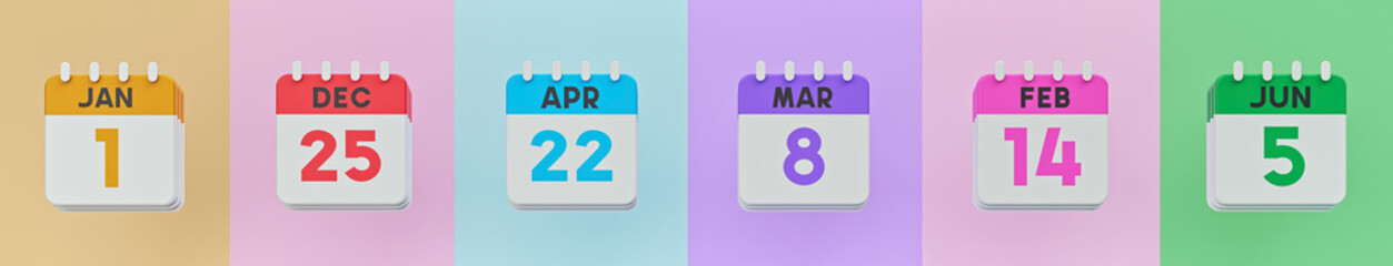 Poster - calendar holiday dates. new year, christmas, earth day, women's day, valentine's day, environment day. minimal icons banner. 3d rendering