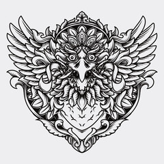 Wall Mural - tattoo and t-shirt design black and white hand drawn illustration garuda barong engraving ornament