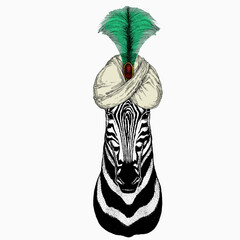 Zebra vector portrait. Head of african wild animal zebra. Animal and wizard hat. Sorcerer and magican