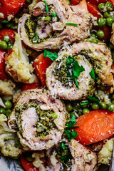 Canvas Print - Turkey roll with pesto baked with vegetables .style rustic.