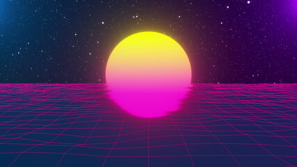 Poster - Wavy neon grid with big sun, computer generated. 3d rendering backdrop of retro style