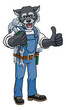 A wolf cartoon animal mascot carpenter or handyman builder construction maintenance contractor holding a hammer and giving a thumbs up