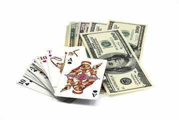 American dollars and playing cards isolated on white background