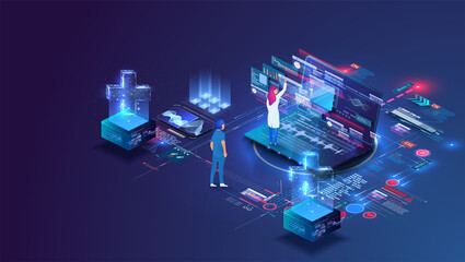 Online doctor and medical consultation.  Pharmaceutical research laboratory with scientists working to develop new drugs and genetic testing. Innovative healthcare. Vector