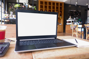 Fototapete - Cropped shot view of white office desk table with the office equipments, alcohol sanitizer, face mask and other office supplies on the modern space, flat lay.work at home.