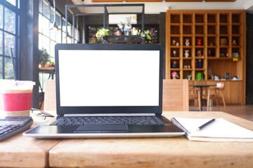 Fototapete - Cropped shot view of white office desk table with the office equipments, alcohol sanitizer, face mask and other office supplies on the modern space, flat lay.work at home.