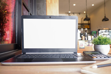 Fototapete - Cropped shot view of white office desk table with the office equipments, alcohol sanitizer, face mask and other office supplies on the modern space, flat lay.work at home.
