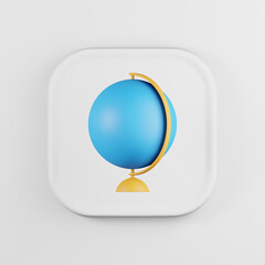 Poster - Minimalistic globe icon on stand cartoon style. 3d rendering white square key button, interface ui ux element.