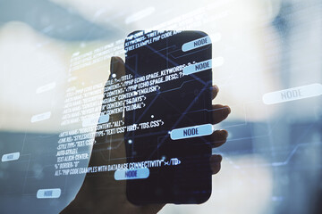 Poster - Multi exposure of abstract graphic coding sketch and hand with mobile phone on background, big data and networking concept