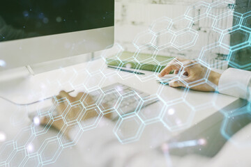 Poster - Creative abstract wireless technology hologram with hexagon and hands typing on computer keyboard on background, artificial intelligence and machine learning concept. Multi exposure