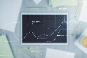 Multi exposure of abstract graphic data spreadsheet sketch and modern digital tablet on desktop on background, top view, analytics and analysis concept