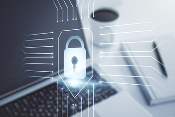 Poster - Double exposure of creative lock hologram with chip on laptop background. Information security concept