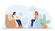Woman sitting in armchair and talking with psychologist. Thought, therapy, mind flat vector illustration. Mental health and psychology concept for banner, website design or landing web page
