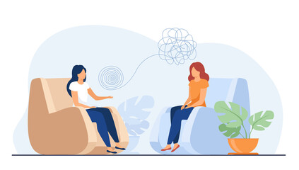 Poster - Woman sitting in armchair and talking with psychologist. Thought, therapy, mind flat vector illustration. Mental health and psychology concept for banner, website design or landing web page