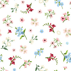 Wall Mural - vector seamless floral pattern with small red, pink, blue and white flowers on a white background.