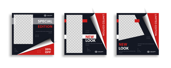 Wall Mural - Set of Editable minimal square banner template. Red blue background color with geometric shapes for social media post and web internet ads. Vector illustration