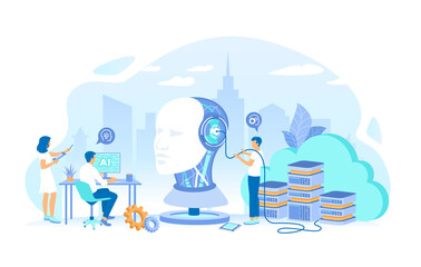 Robot head with a human face. Team works with smart brain computer, neural networks. Artificial Intelligence AI, Future technology, Digital brain, Machine learning, Data mining. Vector illustration