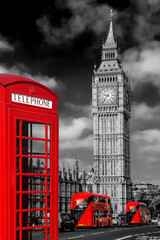 Fototapete - London symbols with BIG BEN, DOUBLE DECKER BUSES and Red Phone Booth in England, UK
