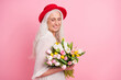 © deagreez - Profile side view portrait of charming cheerful grey-haired granny holding floral bunch romantic occasion isolated over pink pastel color background