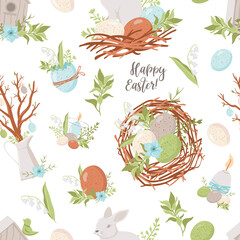 Wall Mural - Vector seamless pattern with Easter eggs and bunnies.