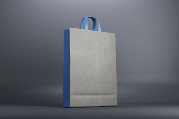 Poster - Blank grey and blue recycled paper bag at dark background. Mock up
