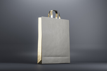 Poster - Eco friendly recycled paper bag with golden elements at abstract grey background. Mock up