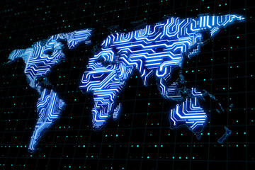 Poster - Worldwide internet and big data concept with glowing microchip world map at abstract technology background