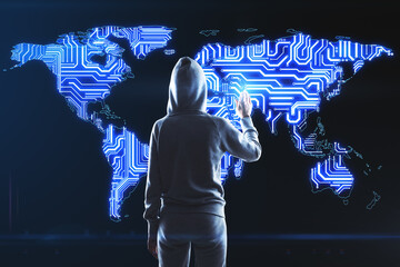 Aufkleber - World internet security concept with hacker back touching digital screen with microchip world map at dark background