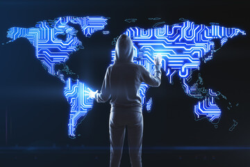 Aufkleber - World big data protection concept with hacker back and digital screen with world map as one microchip