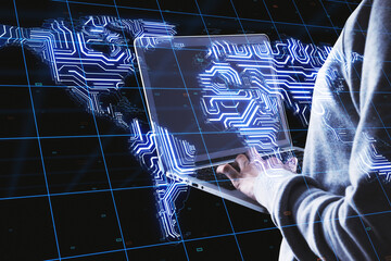 Aufkleber - Private information protection concept: hacker typing on laptop keyboard and microcircuit world map scheme at background