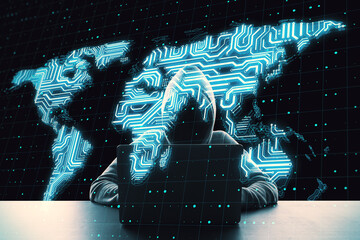 Leinwandbilder - Hacker attack concept with noface hacker working on laptop and digital world microchip map at dark background