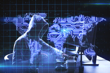 Aufkleber - Global hacker attack concept with coding noface hacker and digital microchip world map at programming screen background