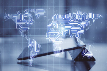 Leinwandbilder - Big data analysis market with digital tablet on table and abstract microcircuit worl map scheme